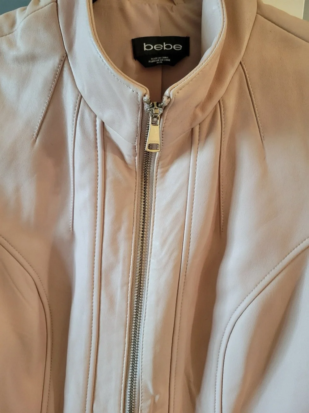 bebe Ivory/blush pink Long Sleeve Leather Zip Jacket. Sz M